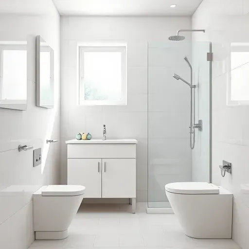 Remodeled small bathroom in Gardena CA with sleek fixtures, minimalist design, glass shower, white vanity, and natural light