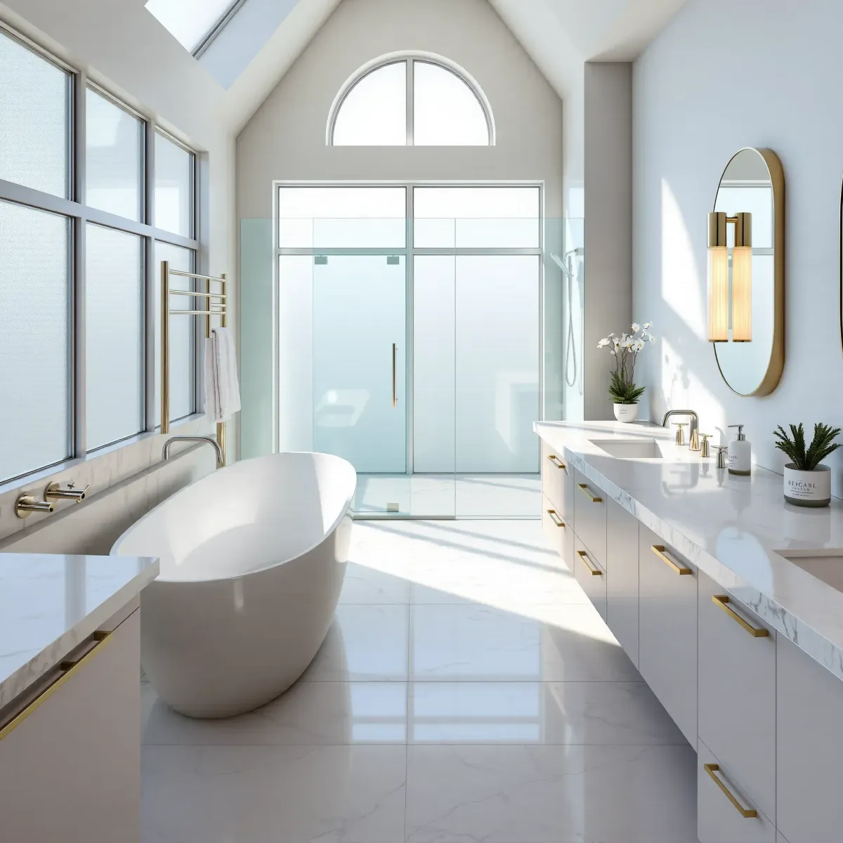 Recently renovated Marina del Rey bathroom with modern fixtures, marble countertops, walk-in shower, and ocean views.