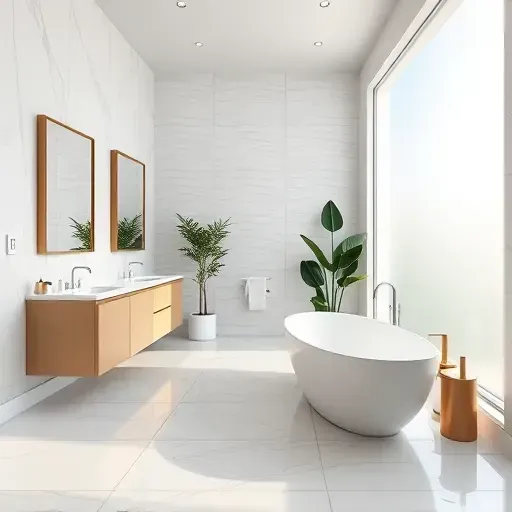 Spacious remodeled bathroom in Hawthorne CA with marble flooring, soaking tub, double vanity, and serene decor.