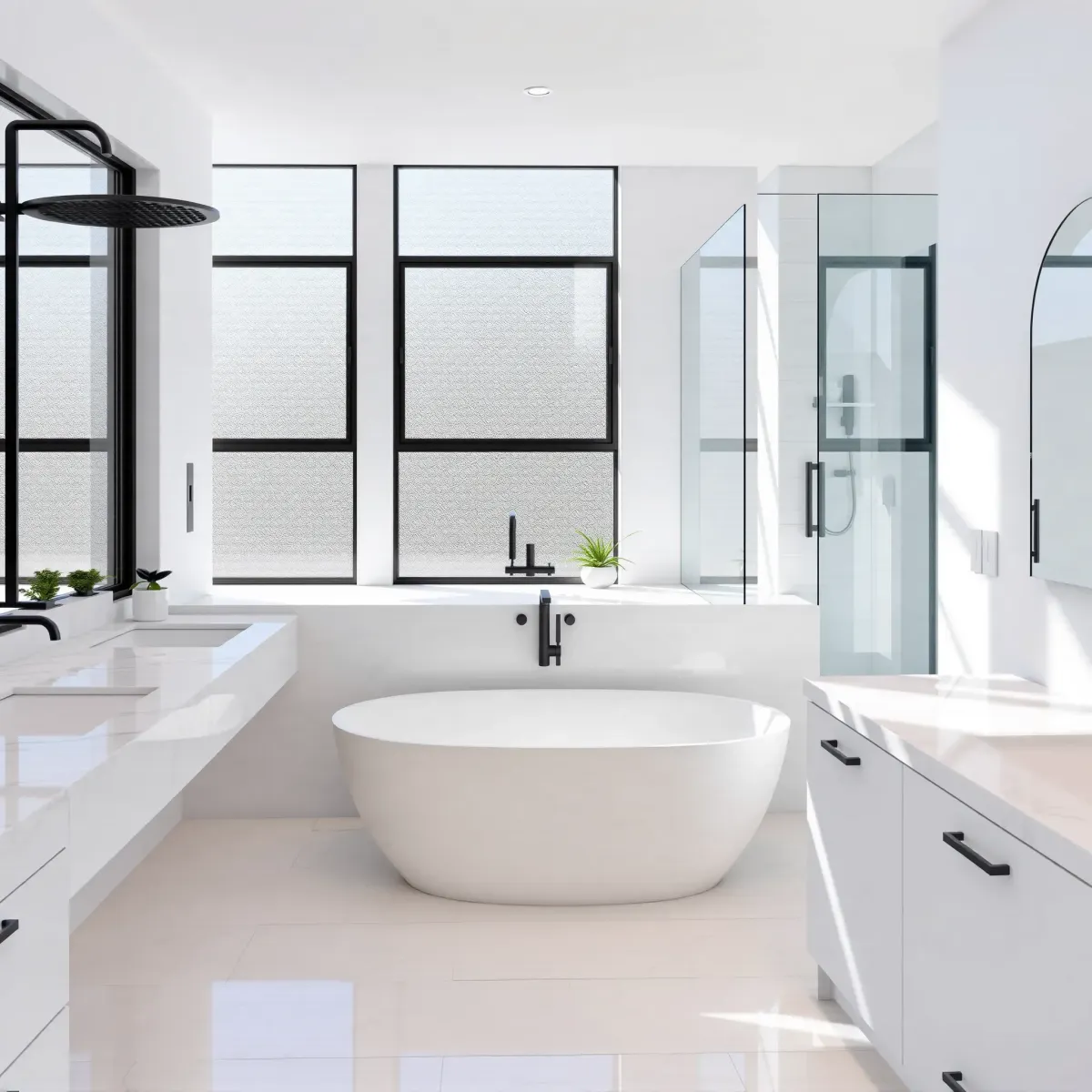 Remodeled Mar Vista bathroom with marble countertops, glass shower, freestanding tub, large windows, and lush garden views.