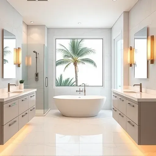 Elegant bathroom remodel in Playa del Rey with white marble, gray cabinetry, soaking tub, and coastal views.