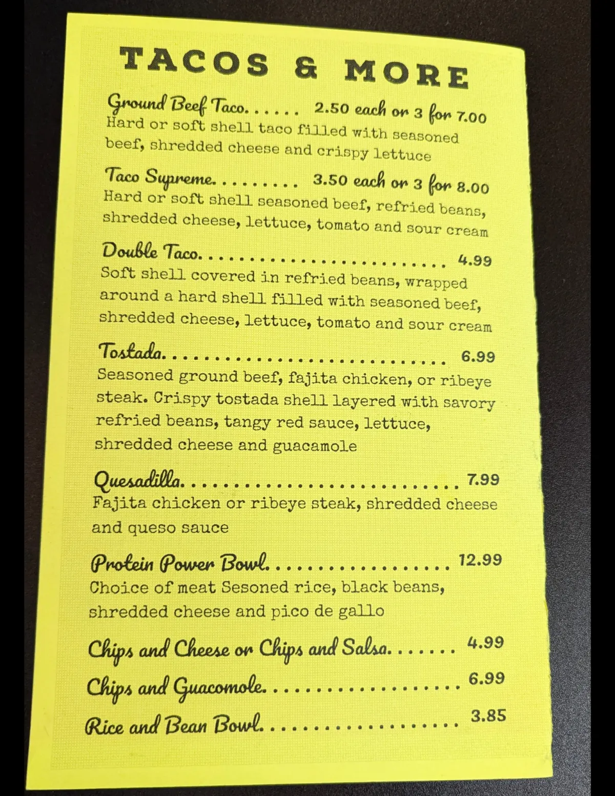 Tacos Menu