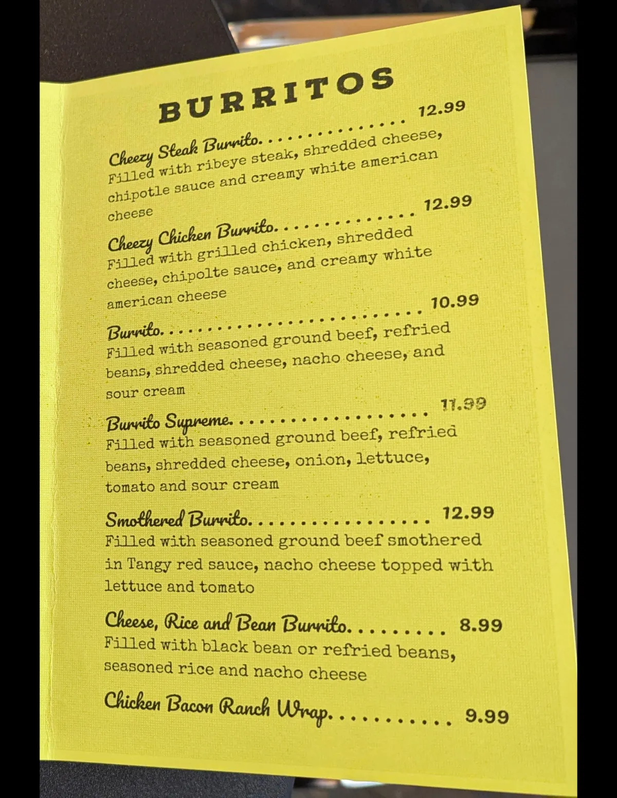 Burritos Menu