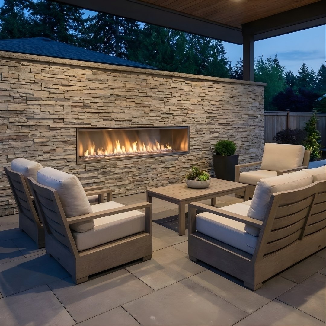 Outdoor Fireplace inside Glass