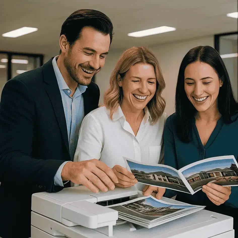 three coworkers standing beside canon office printer