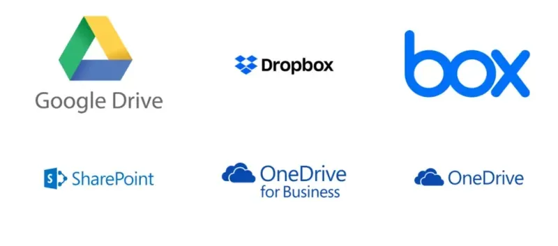 A collection of cloud storage service logos including Google Drive, Dropbox, Box, SharePoint, OneDrive for Business, and OneDrive