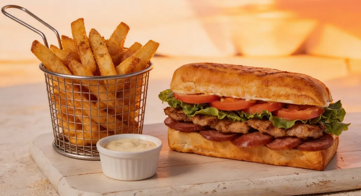 Close-up of Combo 3: mixed pork and chicken sub with Hungarian sausage, fresh veggies, and fries on the side. Dark background, vibrant food colors, premium fast-casual vibe, high resolution.