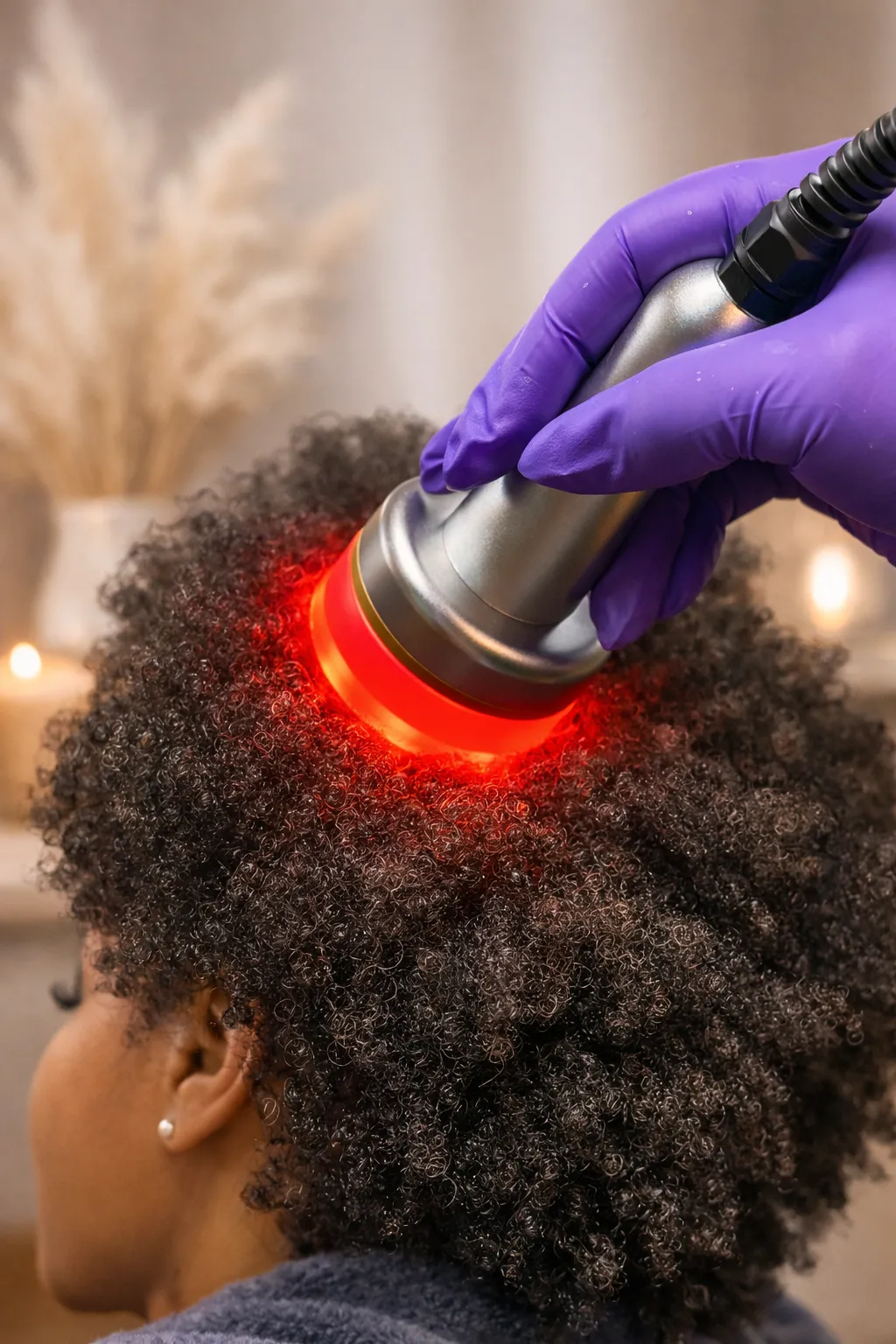 Woman with healthy hair receiving gentle scalp therapy in a spa setting