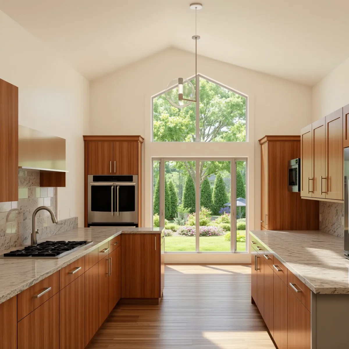 Recently remodeled Wartburg, TN kitchen with granite countertops, stainless steel appliances, wooden cabinetry, and large windows.