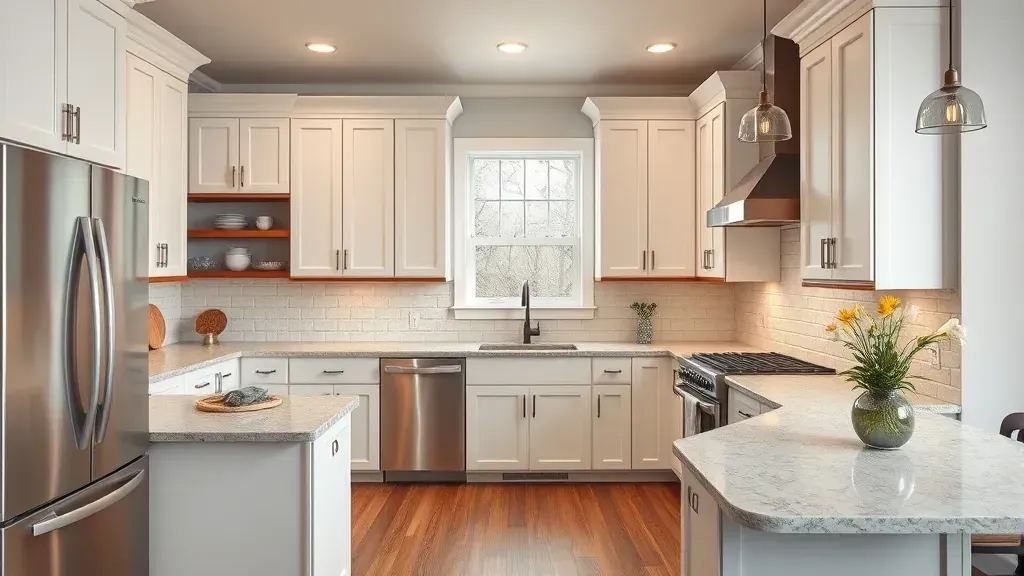Recently renovated Madisonville kitchen with modern wood cabinets, stainless appliances, granite island, hardwood floors, and natural light.