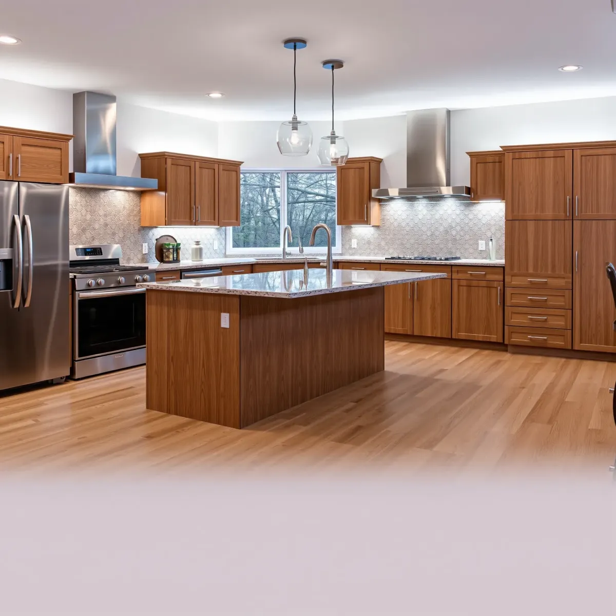 Beautiful renovated Wartburg, TN kitchen with warm wood cabinets, granite countertops, farmhouse sink, stainless appliances.