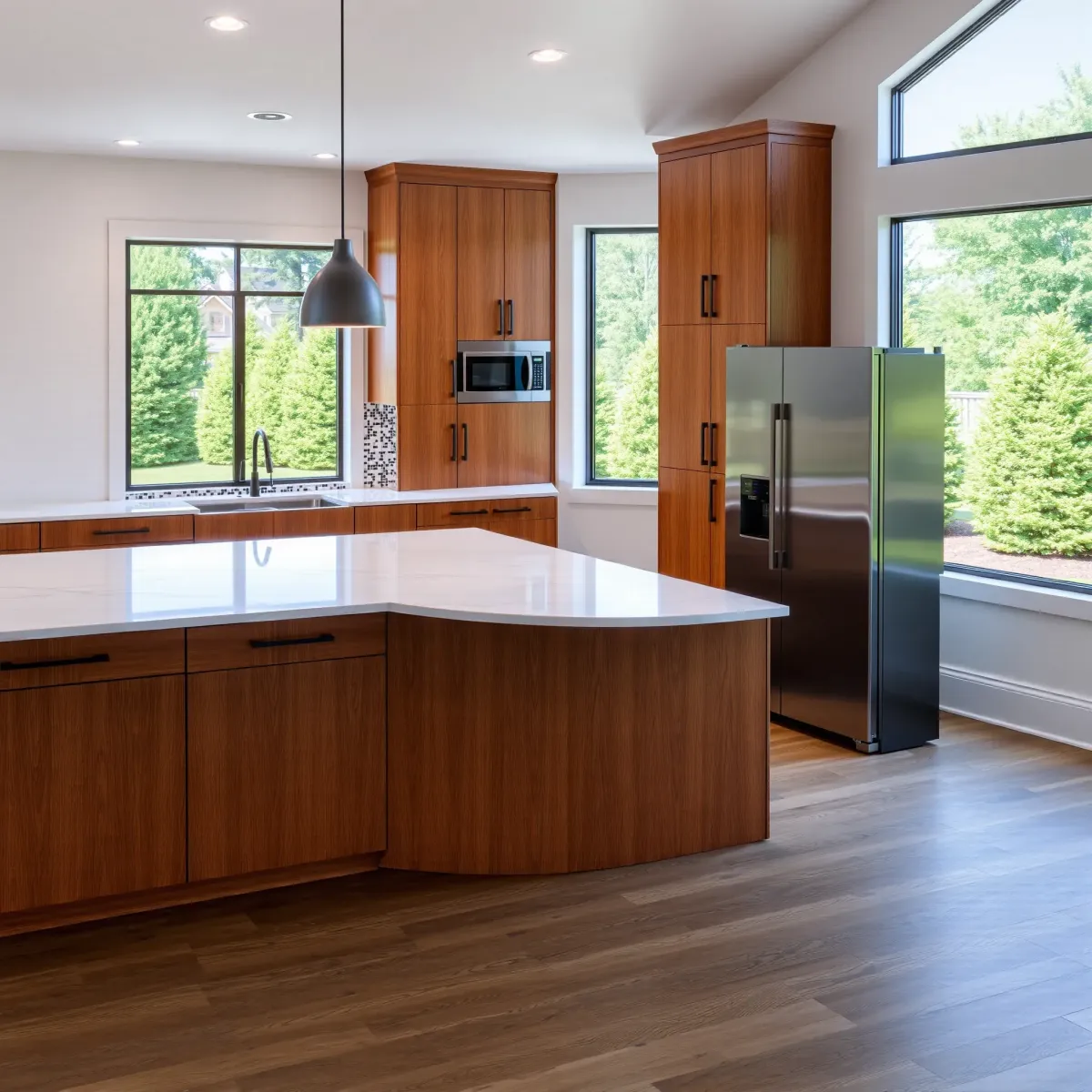Beautiful completed kitchen remodel in Sweetwater, TN with stainless steel appliances, quartz countertops, and modern cabinetry.