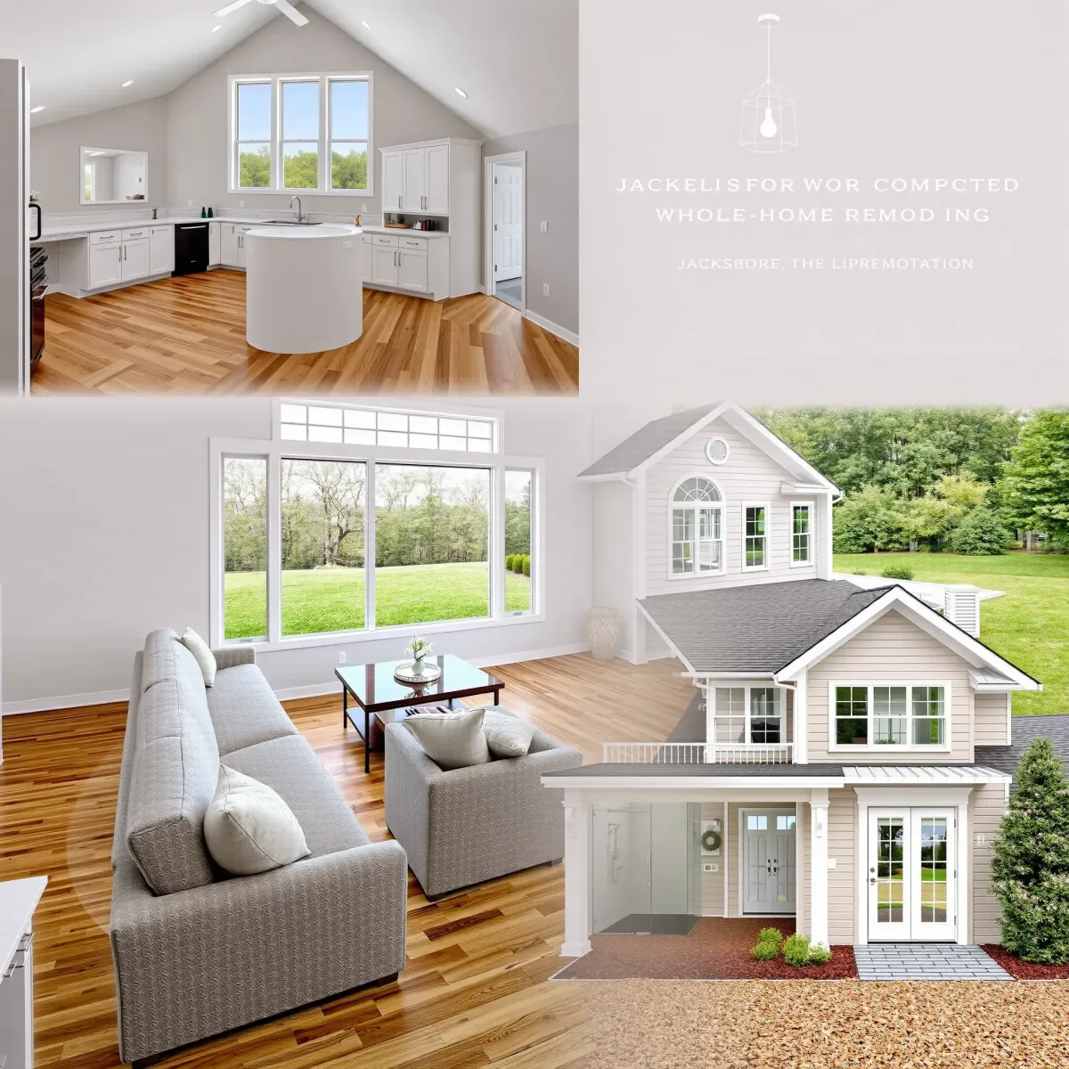 Renovated LaFollette, TN living room with hardwood floors, modern furnishings, updated kitchen, and lush wooded views.