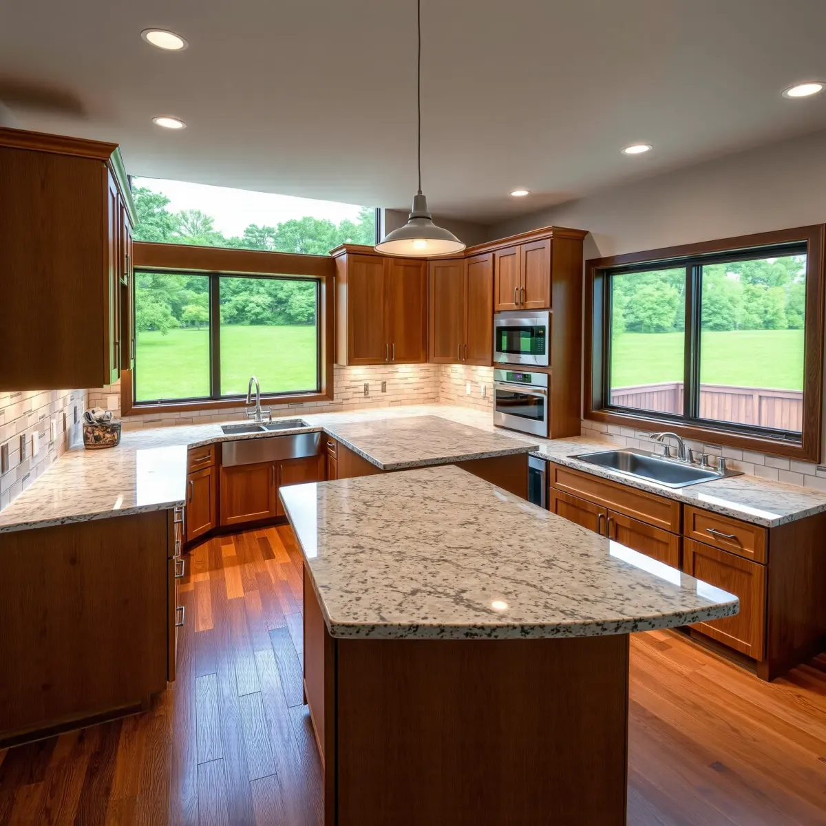 Renovated LaFollette, TN kitchen with warm wood cabinetry, stainless steel appliances, stone countertops, and natural light.