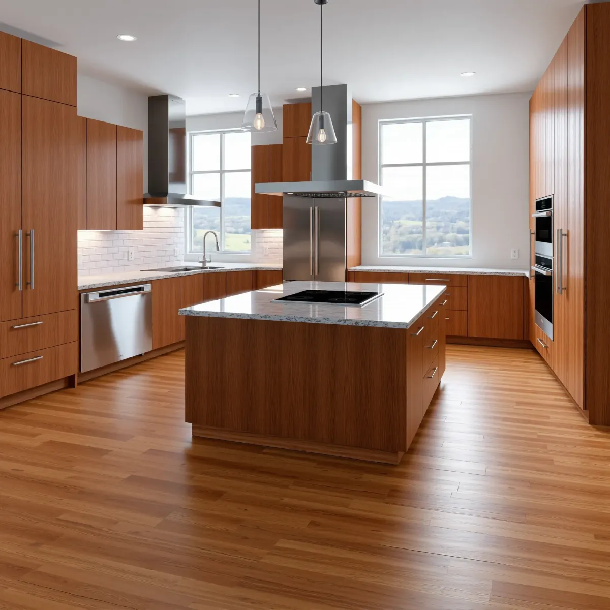 Renovated Knoxville kitchen with warm wood cabinets, granite island, stainless appliances, subway backsplash, hardwood floors, and natural light.