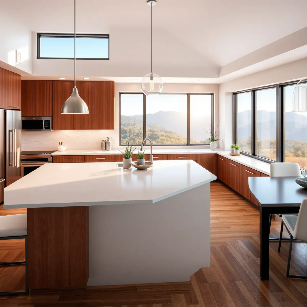 Modern remodeled kitchen in Erwin, TN with sleek matte cabinets, granite countertops, stainless appliances, and natural lighting.