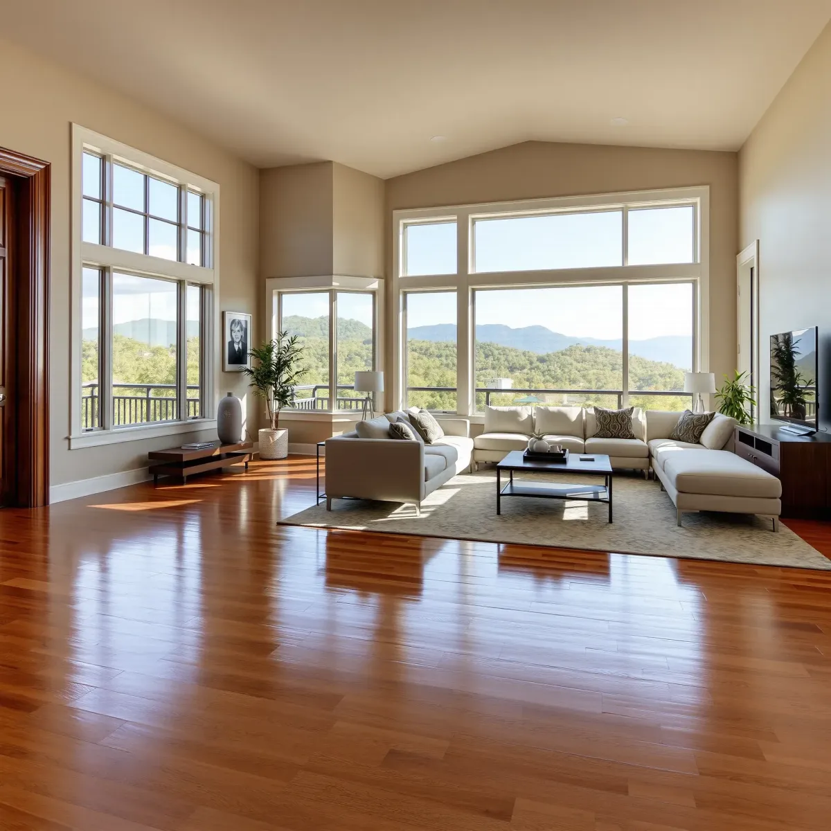Recently remodeled Gatlinburg home featuring modern living room, scenic mountain views, hardwood floors, and sleek kitchen design.