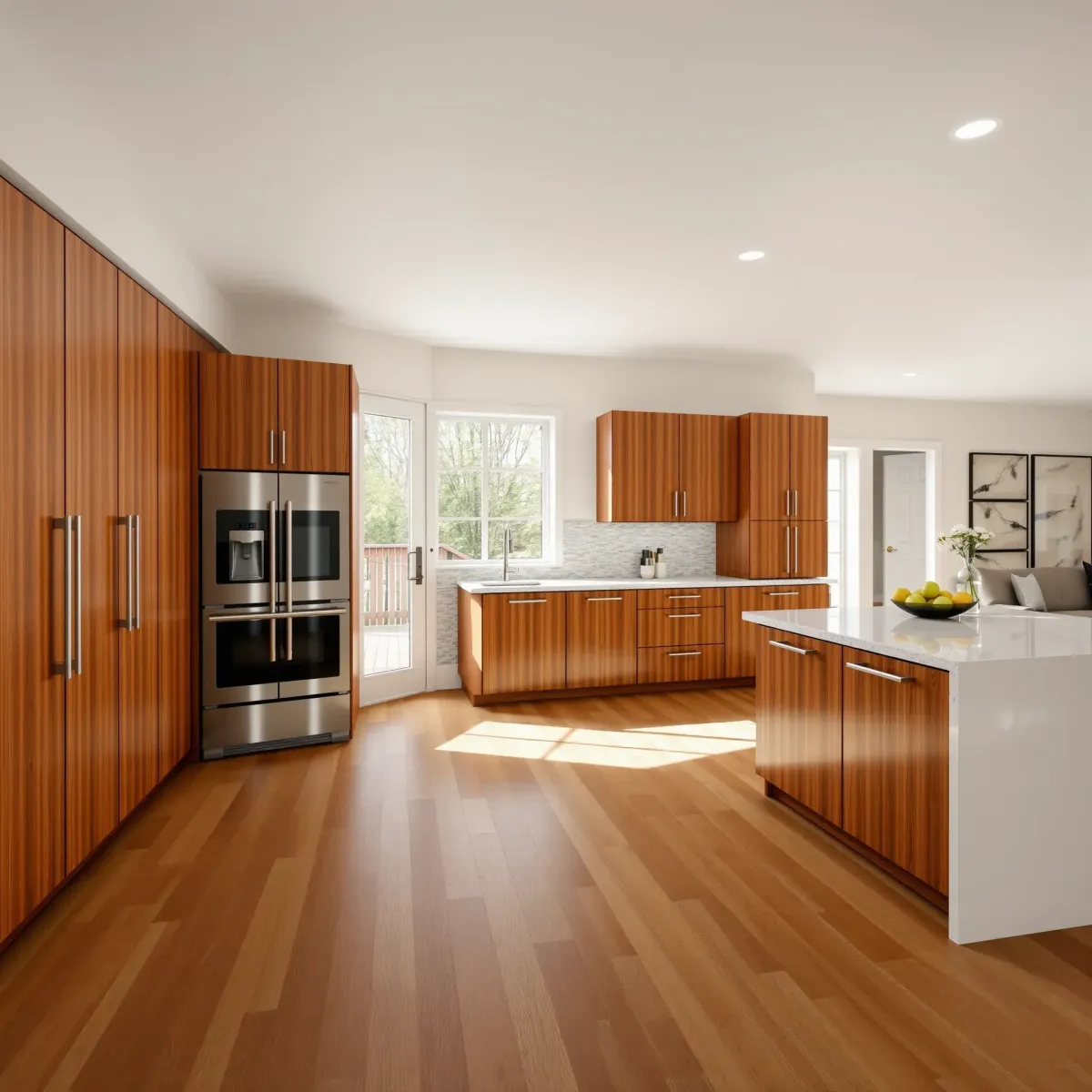 Modern Oak Ridge kitchen with warm wood cabinets, stainless appliances, quartz countertops, natural light, and hardwood floors.