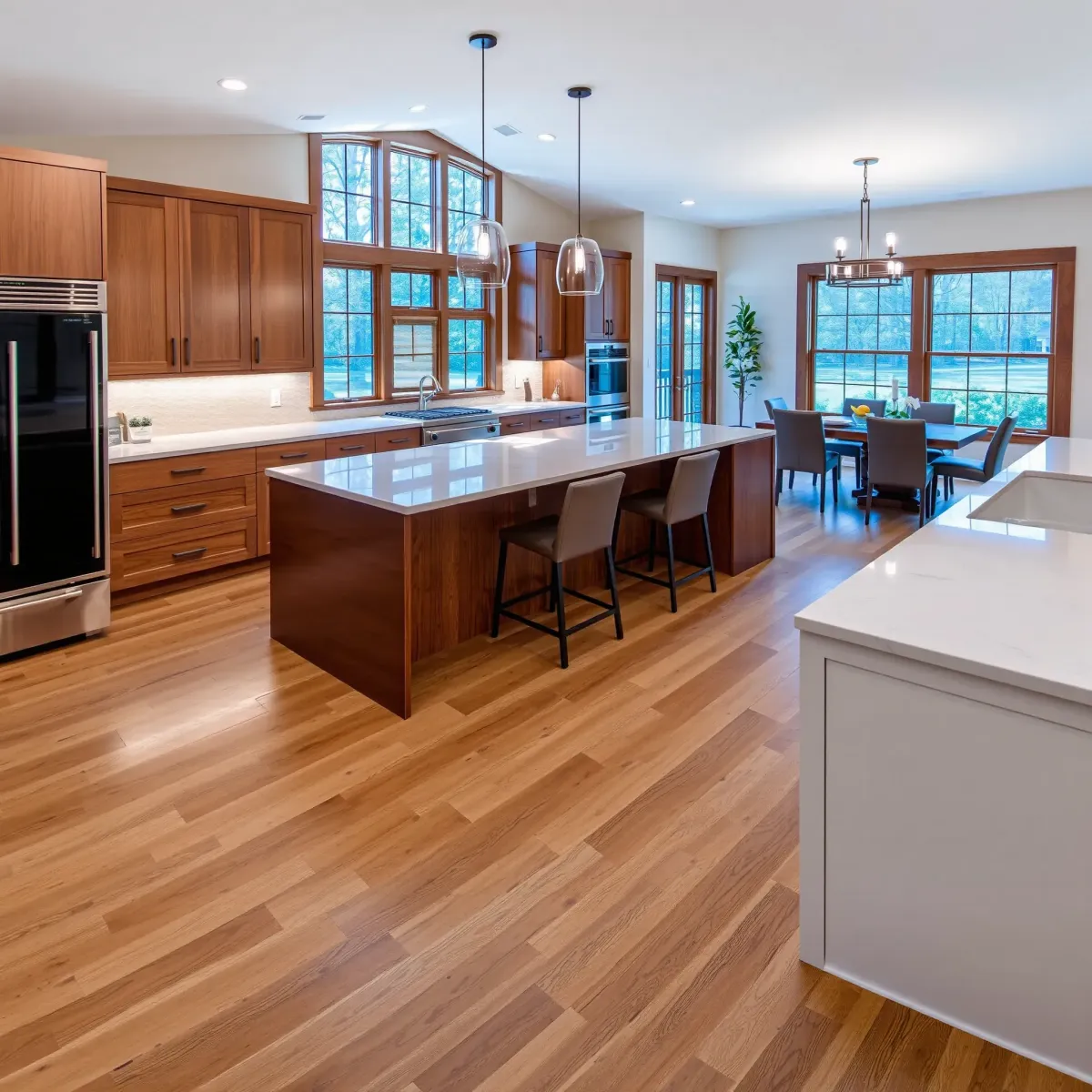 Remodeled Wartburg, TN kitchen with granite countertops, stainless steel appliances, custom wood cabinets, and hardwood floors.