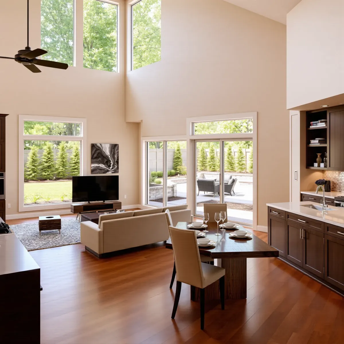 Johnson City home remodel showcasing modern, open-concept interior, hardwood floors, sleek kitchen, and landscaped backyard.