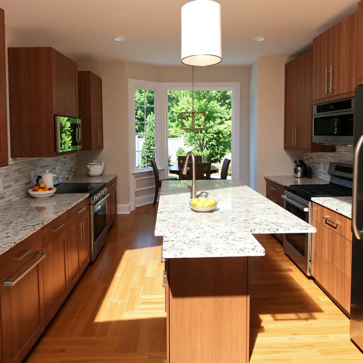 Renovated Tellico Village kitchen with modern wood cabinetry, stainless steel appliances, granite island, and natural daylight.