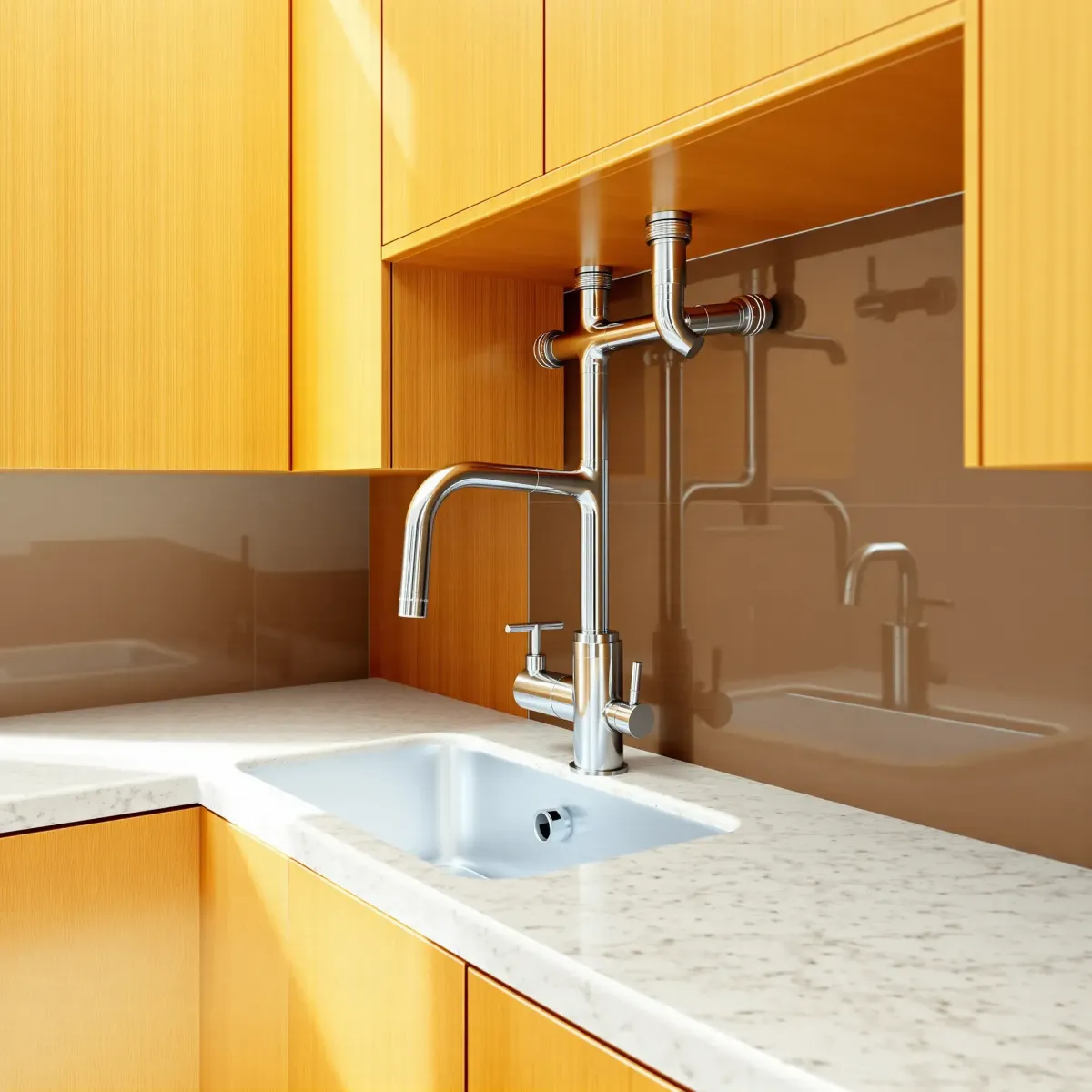 Bright Knoxville kitchen with stainless steel pipes, modern fixtures, wooden cabinetry, stone countertop, and stylish backsplash.