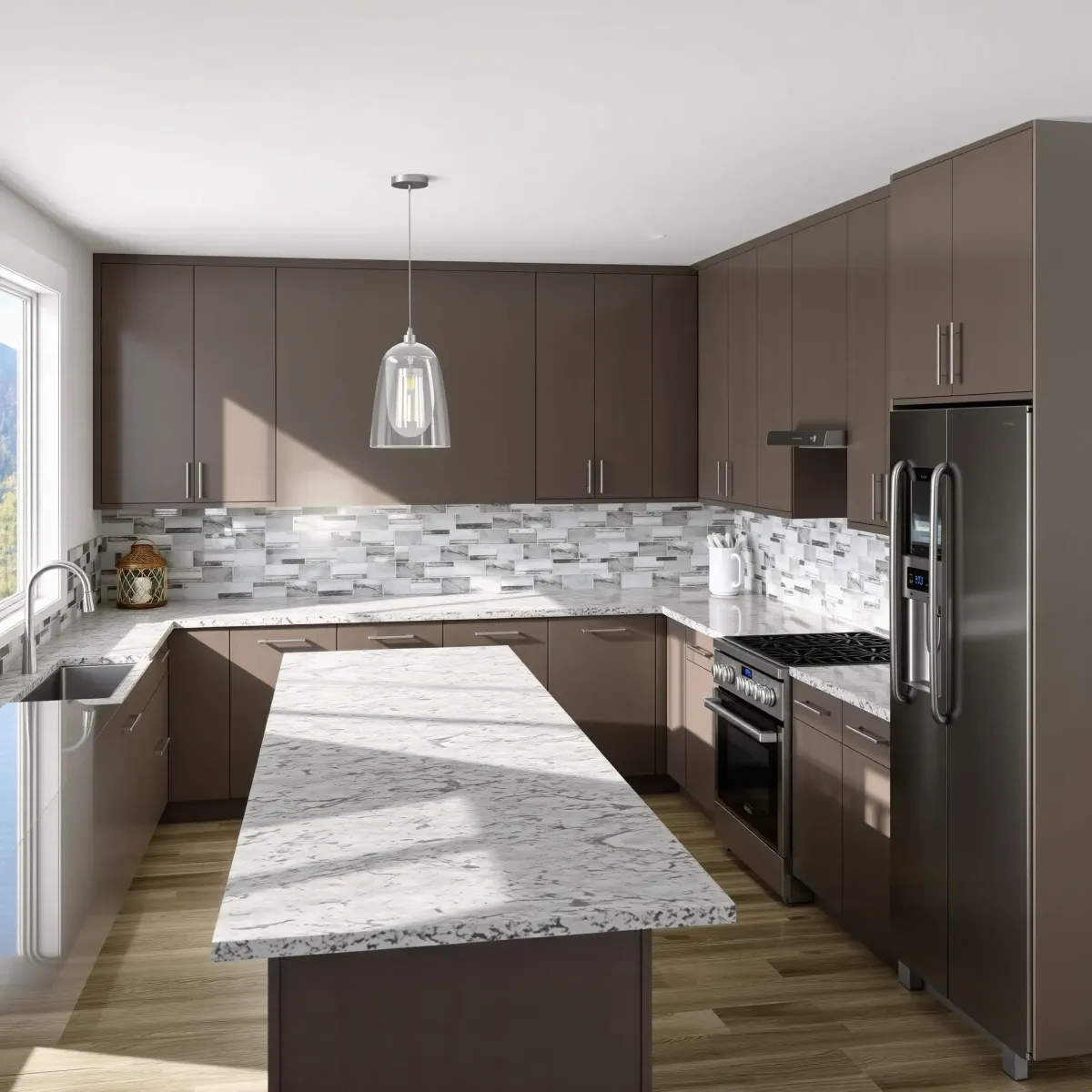 Gatlinburg kitchen remodel with modern granite countertops, warm wood cabinets, stainless appliances, and mountain views.