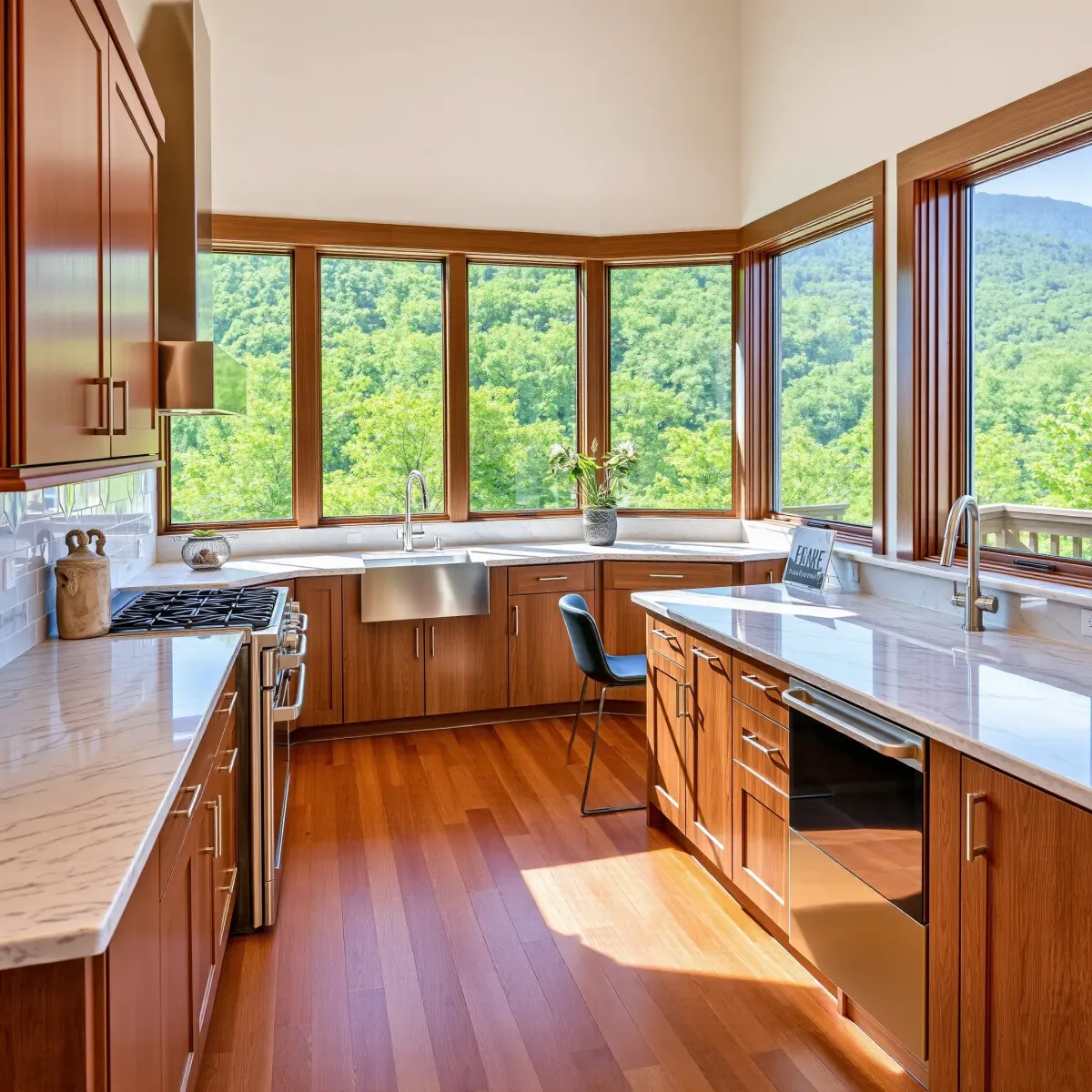 Beautiful Sevierville kitchen with modern appliances, marble island, warm wood cabinets, large windows, mountain views.