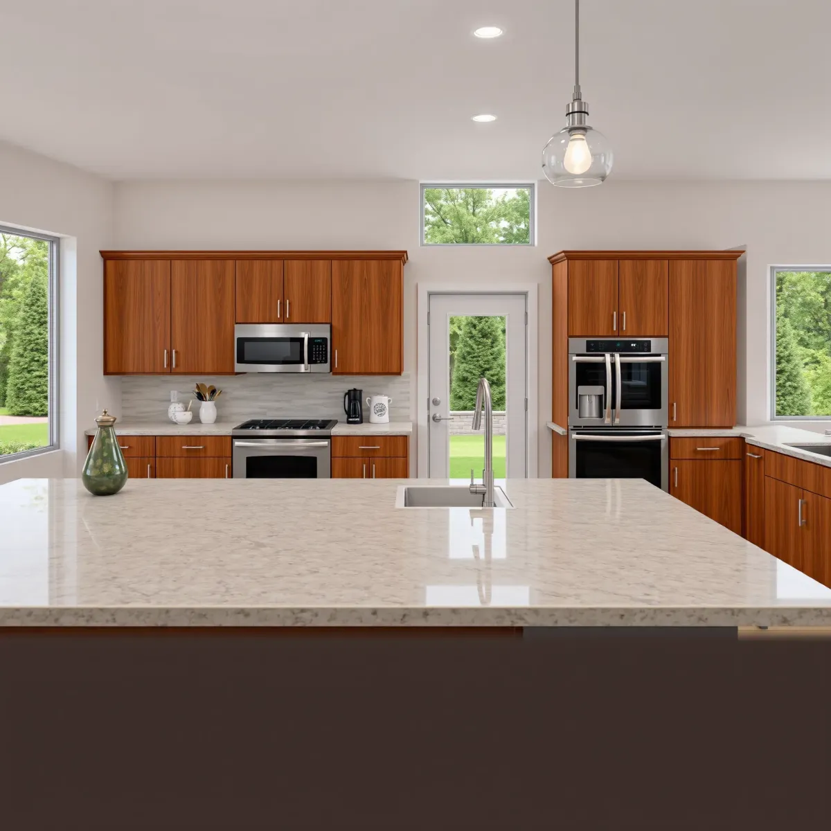 Recently completed modern kitchen in Loudon, TN with wood finish cabinetry, granite countertops, stainless steel appliances, and natural light.