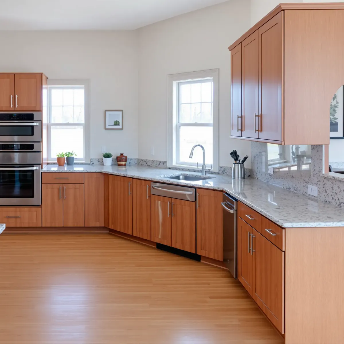 Modern Friendsville, TN kitchen with sleek cabinets, marble countertops, stainless steel appliances, hardwood floor, and natural light.