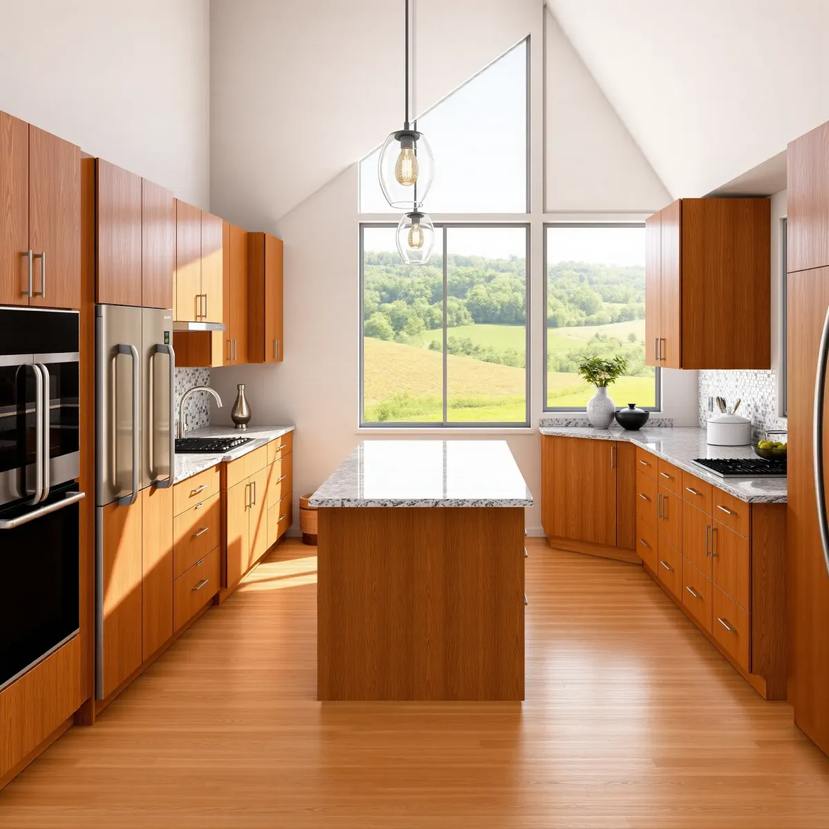 Modern Dandridge, TN kitchen with sleek cabinetry, stainless steel appliances, quartz island, subway tile backsplash, and mountain views.