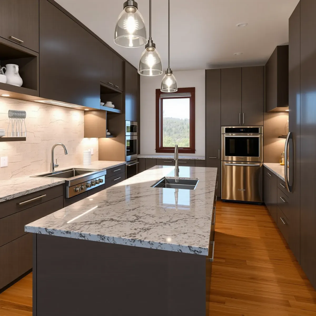 Beautiful modern Jefferson City kitchen with wooden cabinets, stainless steel appliances, granite counters, and hardwood floors.
