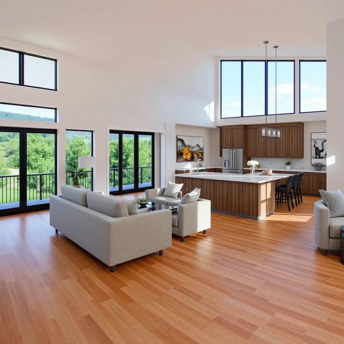 Stylish Kingston TN home interior showcasing modern living room and open-concept kitchen after remodeling.