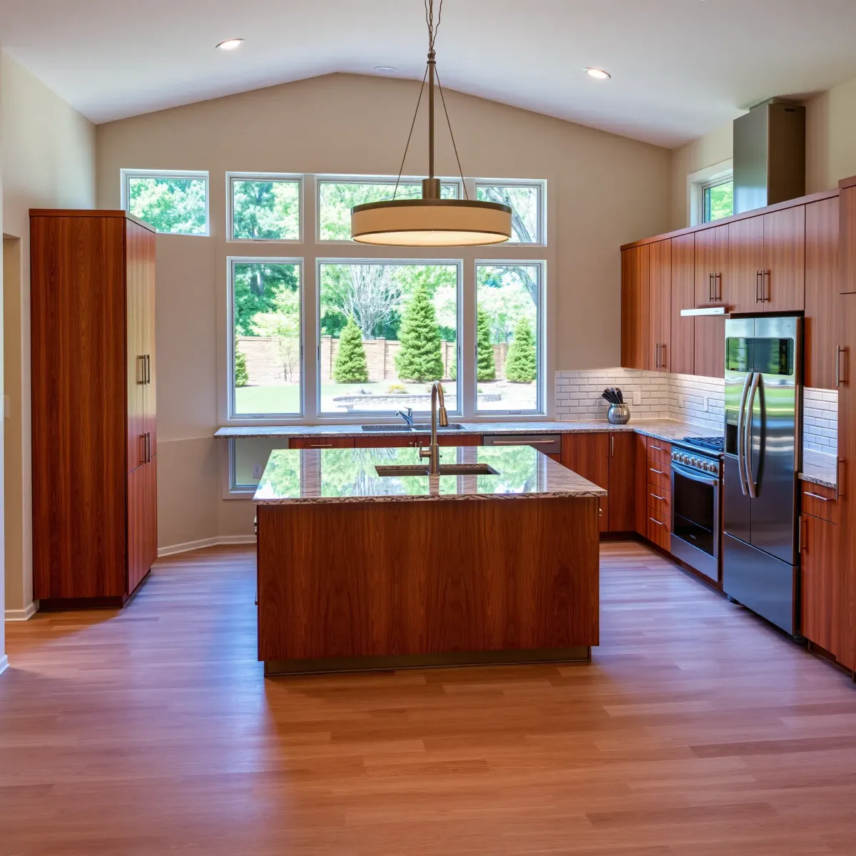 Recently remodeled Alcoa, TN kitchen with warm wood cabinets, stainless steel appliances, granite island, and lush backyard views.