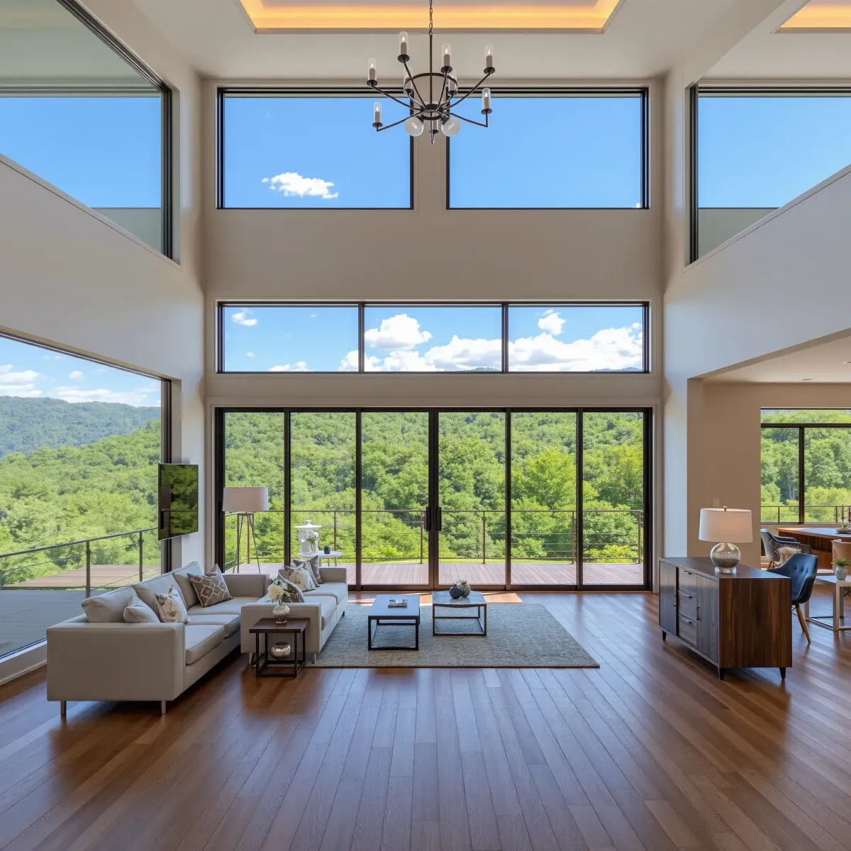 Recently renovated modern living room in Dandridge, TN, featuring hardwood floors, neutral walls, large windows, and stylish furnishings.
