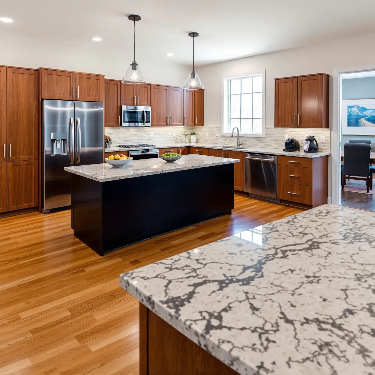 Renovated Jefferson City, TN kitchen with quartz countertops, stainless steel appliances, warm wood cabinets, and river views.