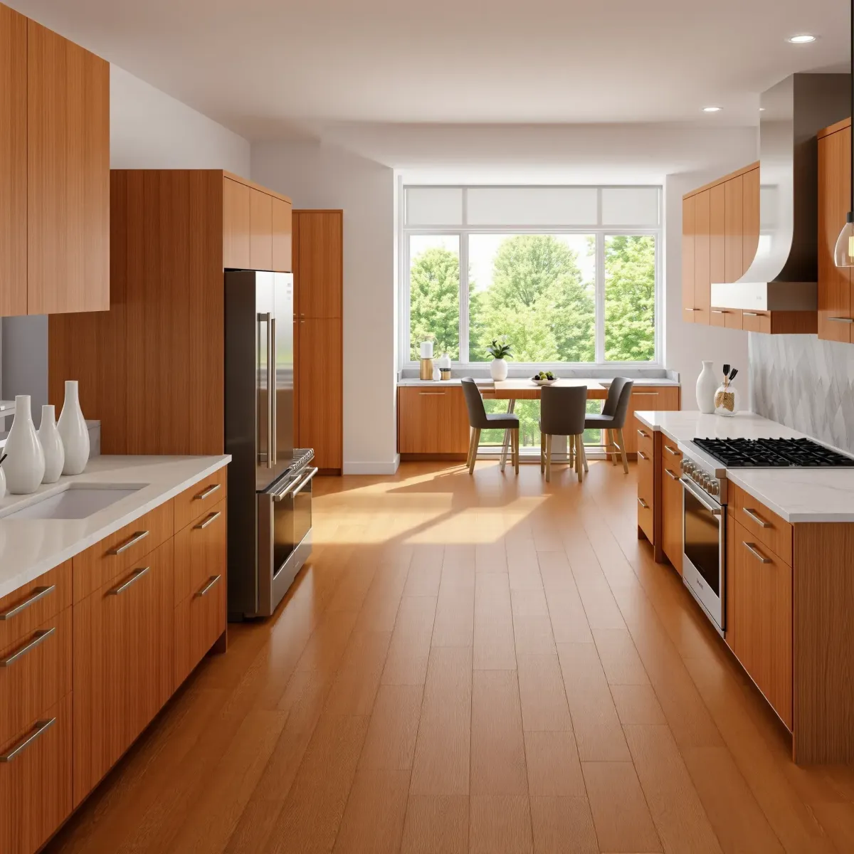 Modern kitchen in Rockwood, TN with quartz countertops, stainless steel appliances, custom wood cabinets, and hardwood floors.