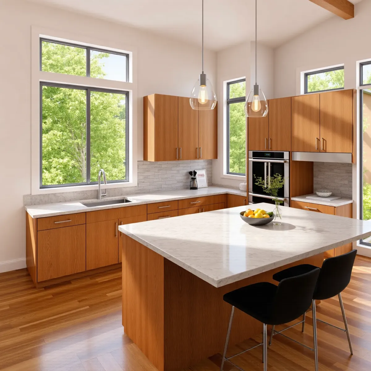 Remodeled Rockwood, TN kitchen with modern wood cabinets, stainless steel appliances, granite island, and lush greenery view.