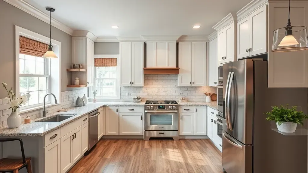 Modern, bright kitchen in Erwin, TN with quartz counters, geometric backsplash, stainless appliances, and a spacious island.