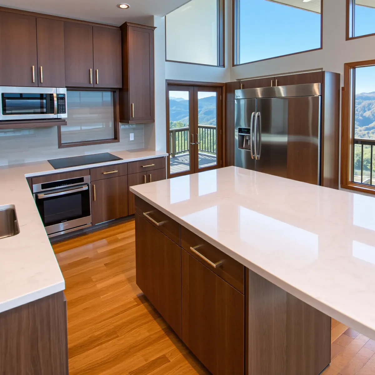 Modern renovated Pigeon Forge kitchen with wood cabinets, stainless appliances, granite countertops, and scenic mountain views.
