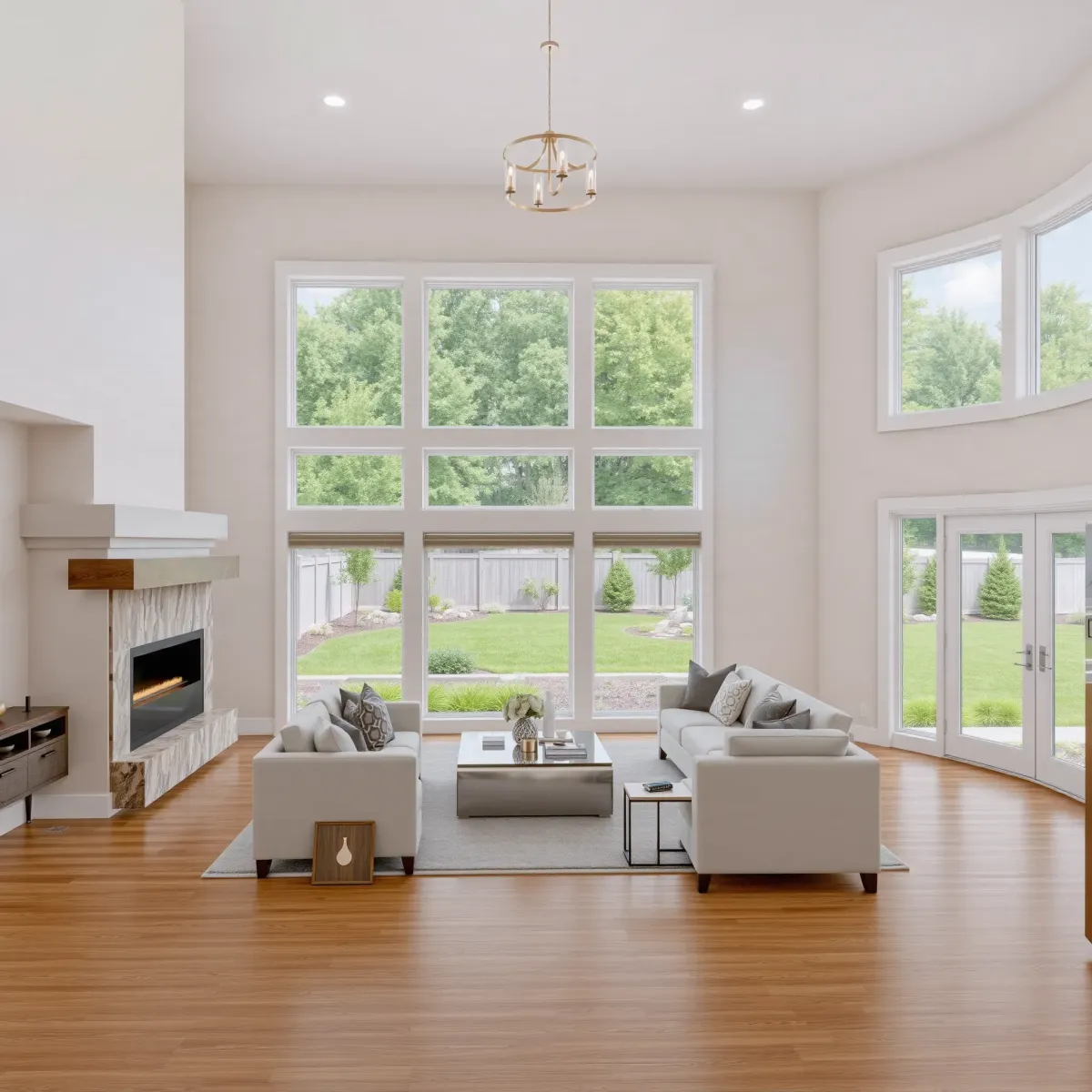 Beautiful Farragut living room with modern design, natural light, hardwood floors, contemporary furniture, and landscaped backyard.