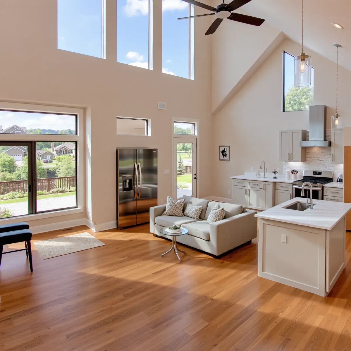 Completed home remodel in Greeneville, TN featuring a stylish living room, modern kitchen, hardwood floors, and lush outdoor views.