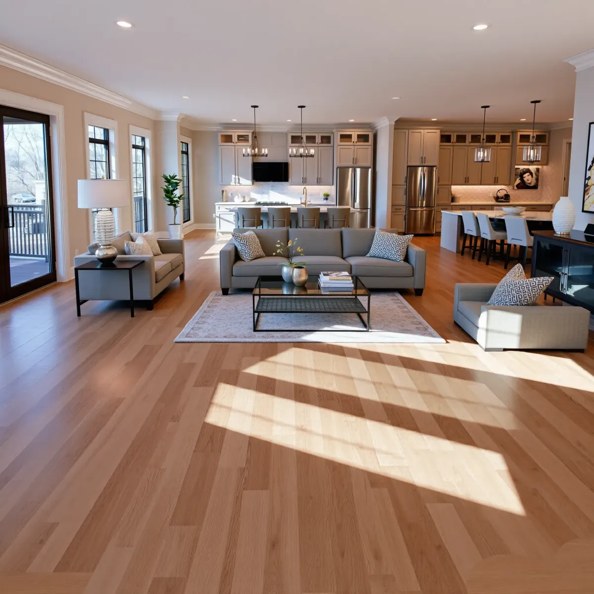 Fully remodeled modern home in Dandridge, TN featuring polished floors, contemporary furniture, a sleek kitchen, and landscaped outdoor space.