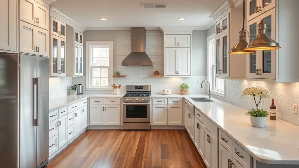 Completed Tellico Village kitchen with granite countertops, stainless steel appliances, custom wood cabinetry, and scenic outdoor views.