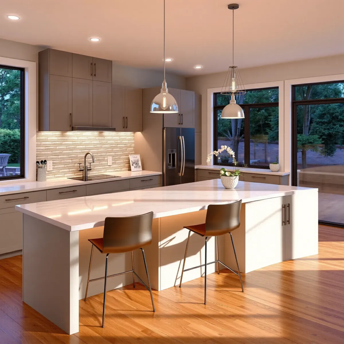 Remodeled Seymour, TN kitchen with marble countertops, wooden cabinets, granite island, stainless appliances, hardwood floors.