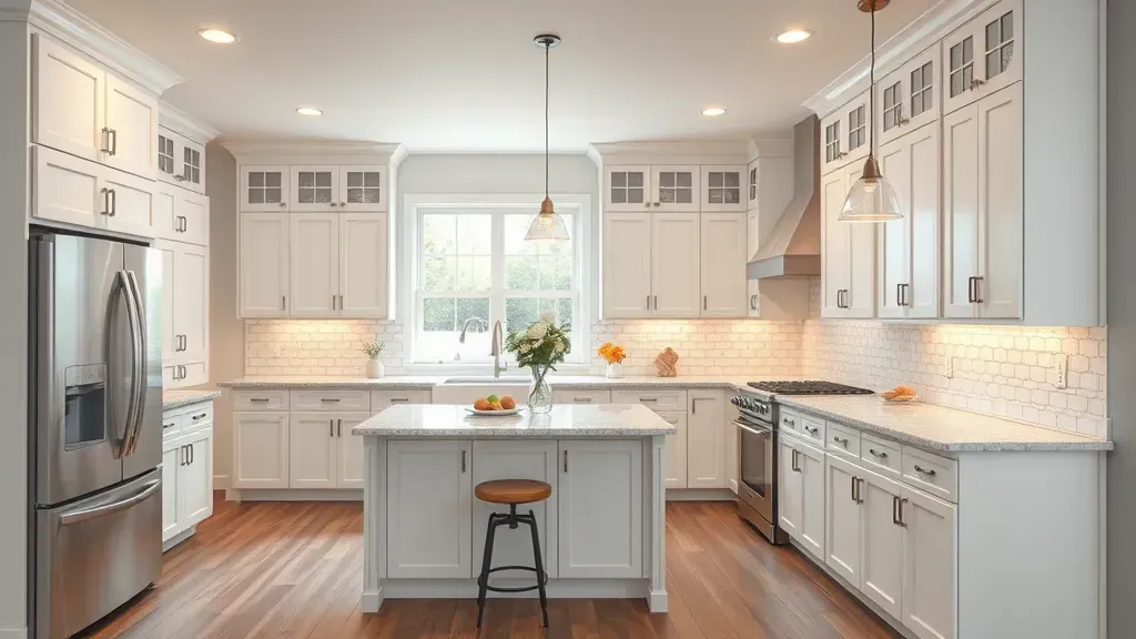 Beautiful renovated kitchen in Lenoir City, TN with modern cabinetry, granite counters, stainless steel appliances, and lush backyard views.