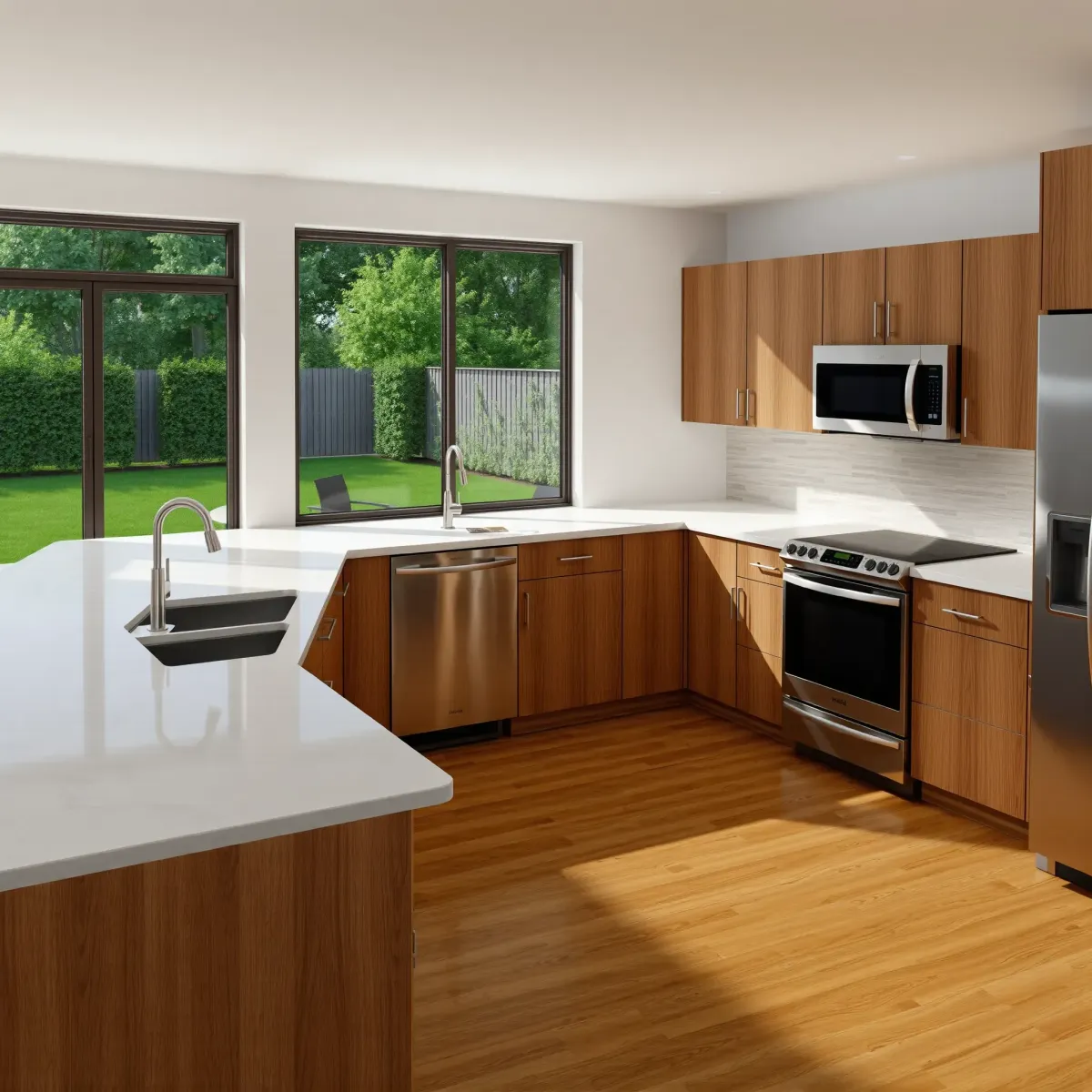 Modern Clinton, TN kitchen with quartz countertops, stainless steel appliances, custom wood cabinetry, and natural light.