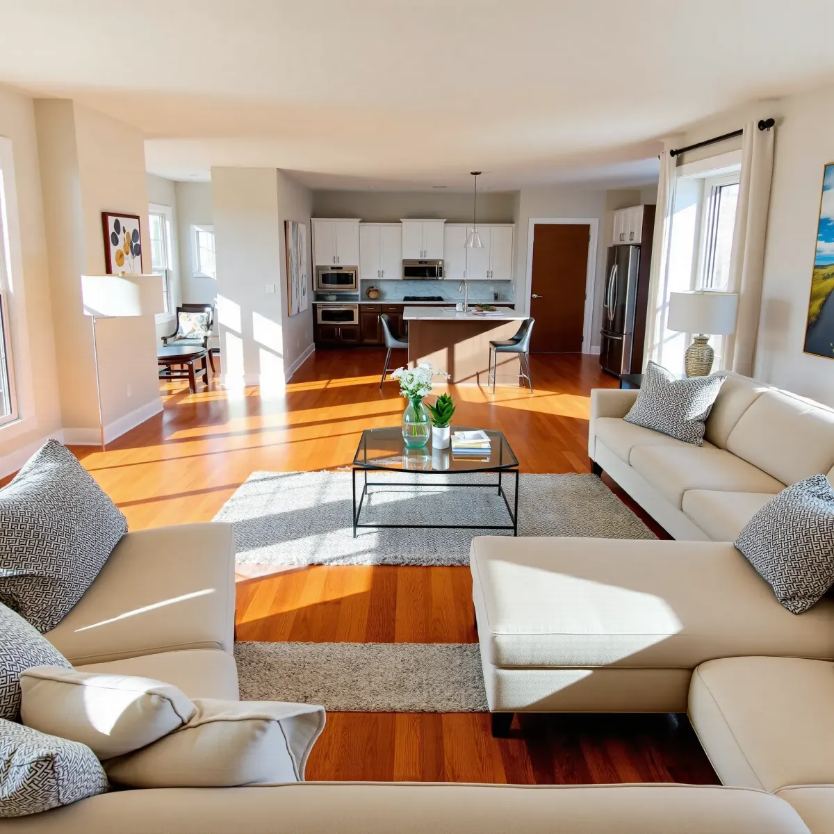 Bright, renovated family living room in Karns, TN with hardwood floors, modern furniture, natural light, and seamless kitchen flow.