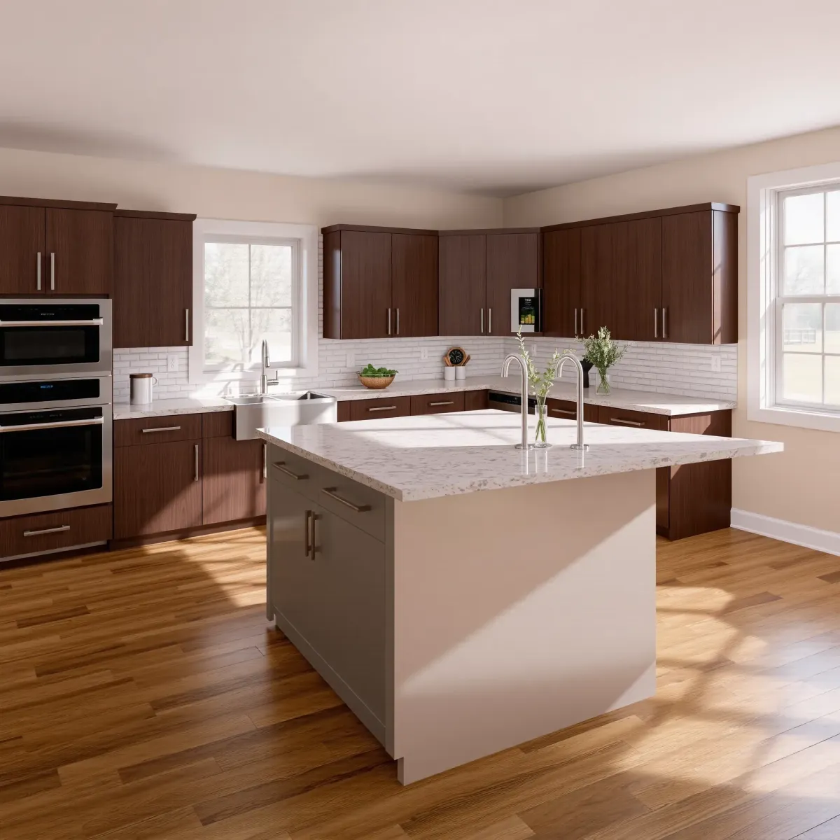 Remodeled Newport kitchen with stainless appliances, warm wood cabinets, granite island, pendant lights, and natural light.