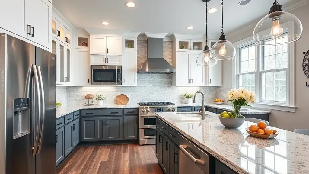 Newport, TN modern kitchen with granite counters, stainless steel appliances, wooden cabinets, quartz island, and natural light.